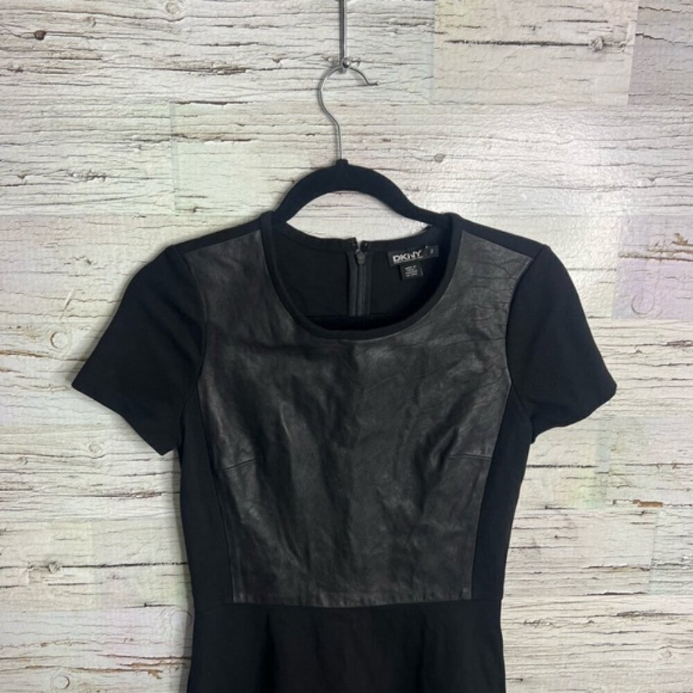 DKNY black dress tee shirt faux leather size 2 - Picture 5 of 9